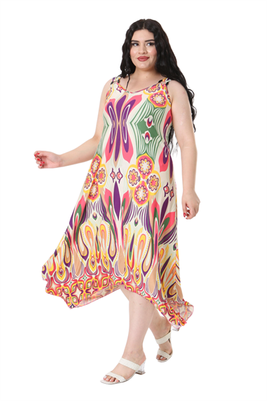 Melsay Butik Ekru Yeşil Desenli Askılı V Yaka Elbise