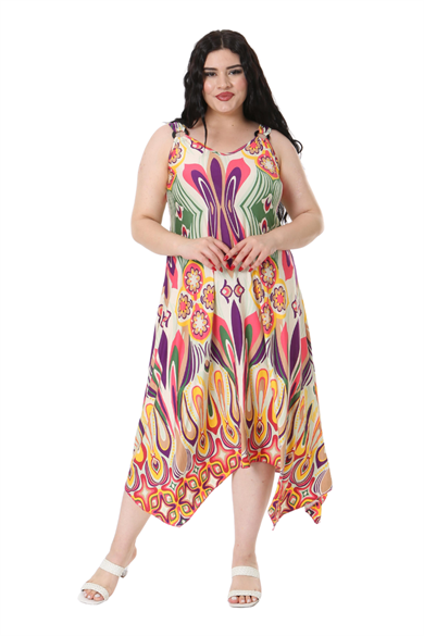 Melsay Butik Ekru Yeşil Desenli Askılı V Yaka Elbise
