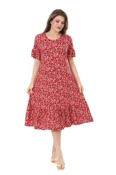 Melsay Butik Fırfırlı Cepli Kırmızı Çıtır Desenli Kısa Kollu Midi Elbise