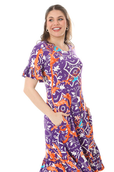 Melsay Butik Fırfırlı Cepli Kısa Kollu Mor Retro Desenli Elbise