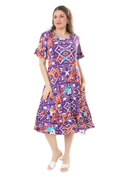 Melsay Butik Fırfırlı Cepli Kısa Kollu Mor Retro Desenli Elbise