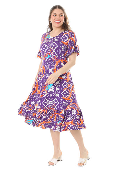 Melsay Butik Fırfırlı Cepli Kısa Kollu Mor Retro Desenli Elbise