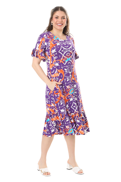 Melsay Butik Fırfırlı Cepli Kısa Kollu Mor Retro Desenli Elbise