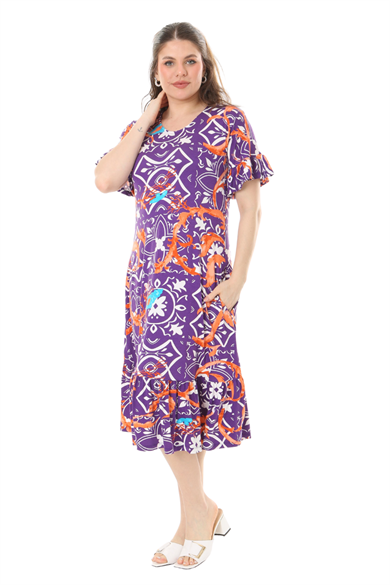 Melsay Butik Fırfırlı Cepli Kısa Kollu Mor Retro Desenli Elbise