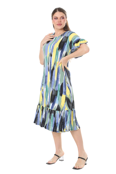 Melsay Butik Fırfırlı Cepli Mavi Yağlıboya Desenli Kısa Kollu Midi Elbise