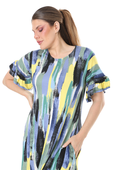 Melsay Butik Fırfırlı Cepli Mavi Yağlıboya Desenli Kısa Kollu Midi Elbise