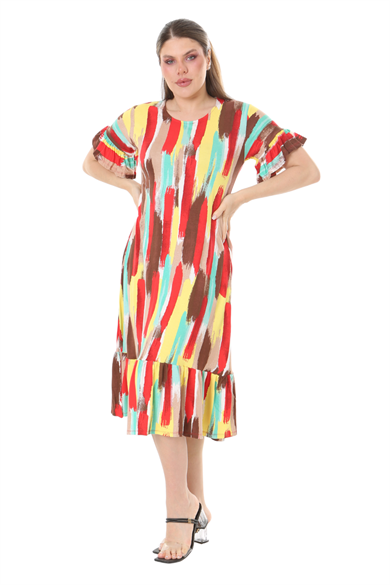 Melsay Butik Fırfırlı Cepli Sarı Yağlıboya Desenli Kısa Kollu Midi Elbise