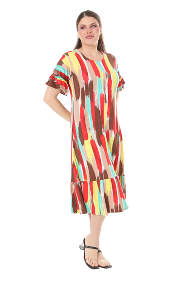 Melsay Butik Fırfırlı Cepli Sarı Yağlıboya Desenli Kısa Kollu Midi Elbise