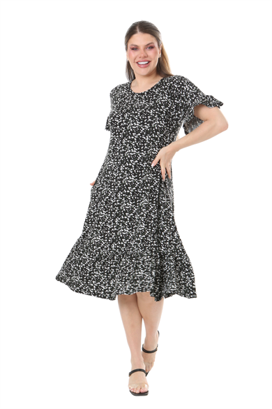 Melsay Butik Fırfırlı Cepli Siyah Çıtır Desenli Kısa Kollu Midi Elbise