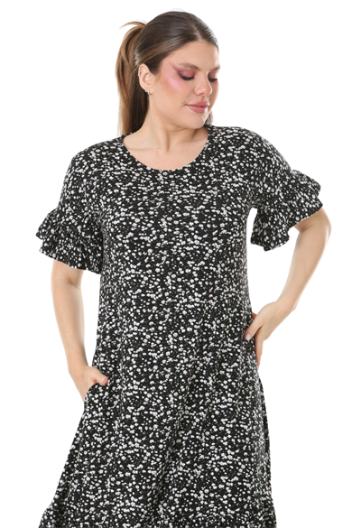 Melsay Butik Fırfırlı Cepli Siyah Çıtır Desenli Kısa Kollu Midi Elbise