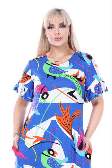 Melsay Butik Fırfırlı Kısa Kollu Mavi Desenli Kadın Cepli Midi Elbise