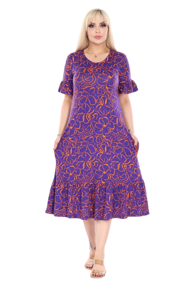 Melsay Butik Fırfırlı Kısa Kollu Mor Çiçek Desenli Cepli Elbise