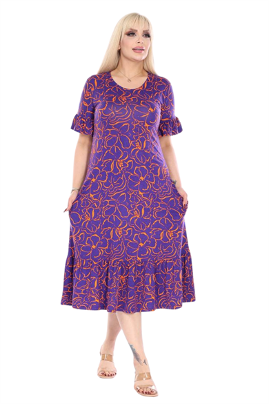 Melsay Butik Fırfırlı Kısa Kollu Mor Çiçek Desenli Cepli Elbise