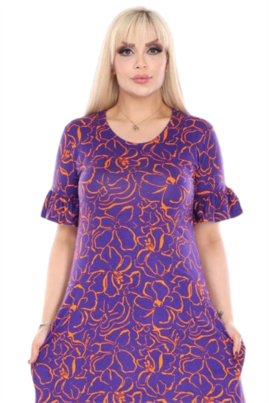 Melsay Butik Fırfırlı Kısa Kollu Mor Çiçek Desenli Cepli Elbise