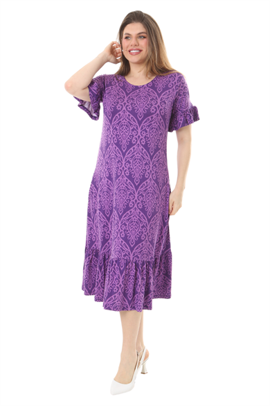 Melsay Butik Fırfırlı Kısa Kollu Mor Dantel Desenli Kadın Cepli Midi Elbise