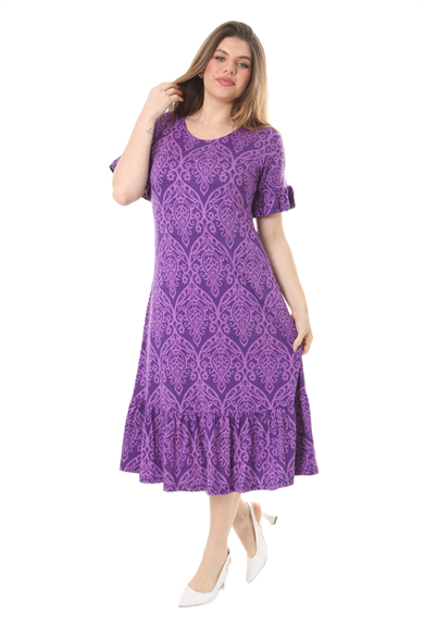 Melsay Butik Fırfırlı Kısa Kollu Mor Dantel Desenli Kadın Cepli Midi Elbise