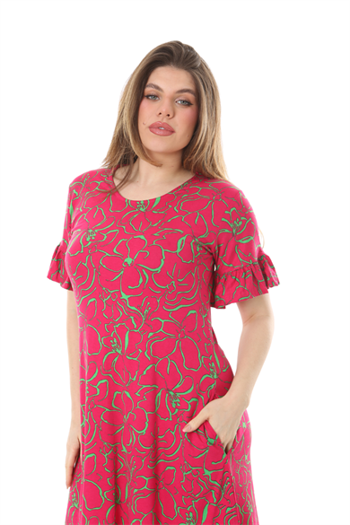 Melsay Butik Fırfırlı Kısa Kollu Pembe Çiçek Desenli Cepli Elbise