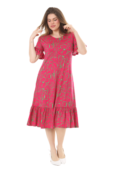 Melsay Butik Fırfırlı Kısa Kollu Pembe Çiçek Desenli Cepli Elbise