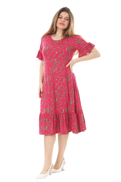 Melsay Butik Fırfırlı Kısa Kollu Pembe Çiçek Desenli Cepli Elbise