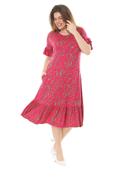 Melsay Butik Fırfırlı Kısa Kollu Pembe Çiçek Desenli Cepli Elbise