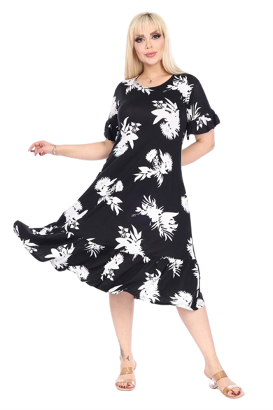 Melsay Butik Fırfırlı Kısa Kollu Siyah Beyaz Yaprak Desenli Cepli Elbise