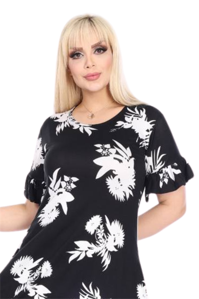 Melsay Butik Fırfırlı Kısa Kollu Siyah Beyaz Yaprak Desenli Cepli Elbise