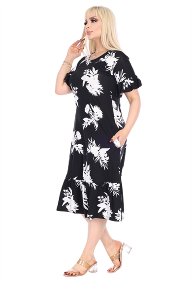 Melsay Butik Fırfırlı Kısa Kollu Siyah Beyaz Yaprak Desenli Cepli Elbise