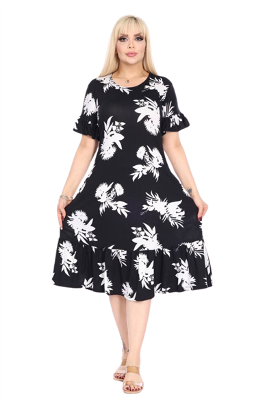 Melsay Butik Fırfırlı Kısa Kollu Siyah Beyaz Yaprak Desenli Cepli Elbise