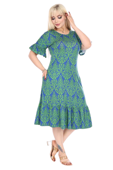 Melsay Butik Fırfırlı Kısa Kollu Yeşil Dantel Desenli Kadın Midi Elbise