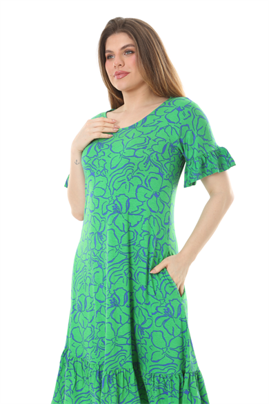 Melsay Butik Fırfırlı Kısa Kollu Yeşil Çiçek Desenli Cepli Elbise