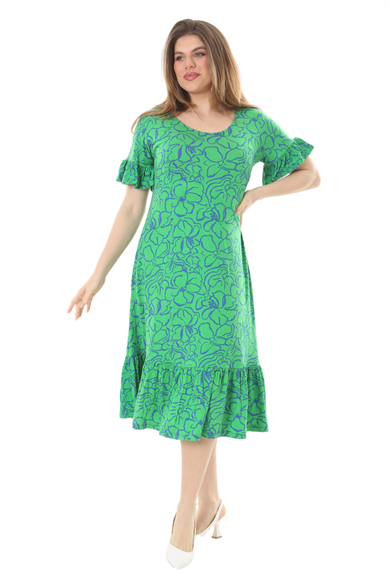 Melsay Butik Fırfırlı Kısa Kollu Yeşil Çiçek Desenli Cepli Elbise