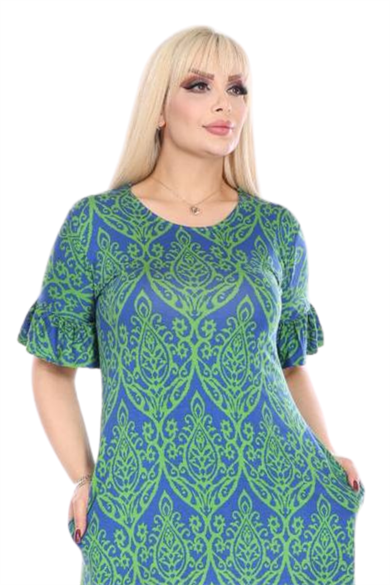 Melsay Butik Fırfırlı Kısa Kollu Yeşil Dantel Desenli Kadın Midi Elbise