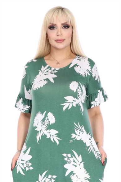 Melsay Butik Fırfırlı Kısa Kollu Yeşil Beyaz Yaprak Desenli Cepli Elbise