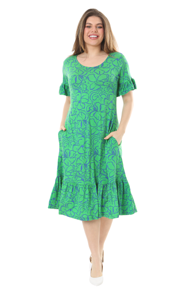 Melsay Butik Fırfırlı Kısa Kollu Yeşil Çiçek Desenli Cepli Elbise