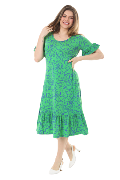 Melsay Butik Fırfırlı Kısa Kollu Yeşil Çiçek Desenli Cepli Elbise