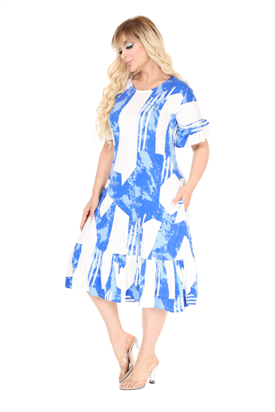 Melsay Butik Fırfırlı Mavi Vintage Desen Cepli Büyük Beden Elbise