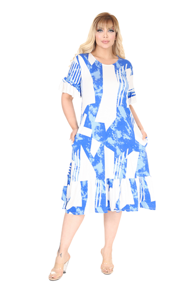 Melsay Butik Fırfırlı Mavi Vintage Desen Cepli Büyük Beden Elbise