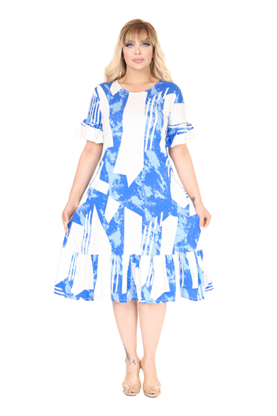 Melsay Butik Fırfırlı Mavi Vintage Desen Cepli Büyük Beden Elbise