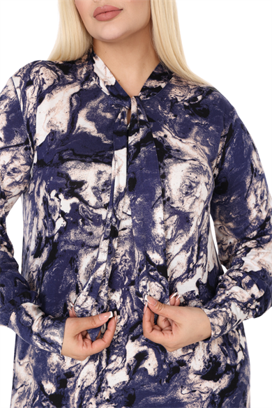 Melsay Butik Fularlı Mavi Batik Desen Uzun Kollu Büyük Beden Kadın Elbise