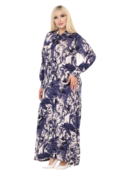 Melsay Butik Fularlı Mavi Batik Desen Uzun Kollu Büyük Beden Kadın Elbise