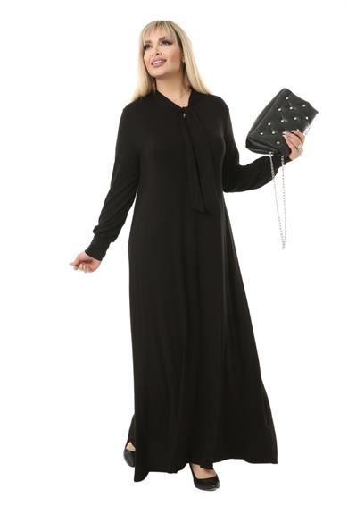 Melsay Butik Fularlı Siyah Uzun Kollu Büyük Beden Kadın Elbise
