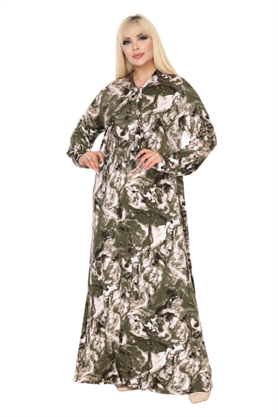 Melsay Butik Fularlı Yeşil Batik Desen Uzun Kollu Büyük Beden Kadın Elbise