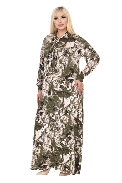 Melsay Butik Fularlı Yeşil Batik Desen Uzun Kollu Büyük Beden Kadın Elbise