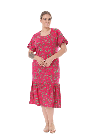 Melsay Butik Fuşya Çiçek Desen Kolları Bağlamalı Kısa Kollu Elbise