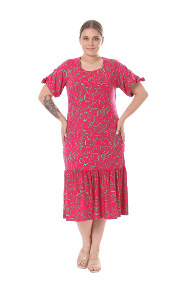 Melsay Butik Fuşya Çiçek Desen Kolları Bağlamalı Kısa Kollu Elbise