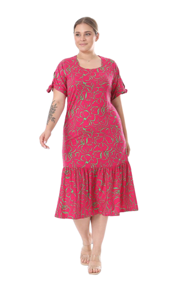 Melsay Butik Fuşya Çiçek Desen Kolları Bağlamalı Kısa Kollu Elbise