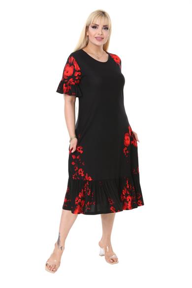 Melsay Butik Gelincik Desen Fırfır Detaylı Kısa Kollu Midi Elbise