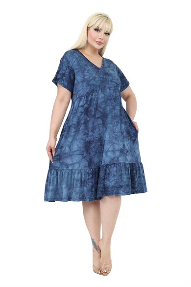 Melsay Butik Göğüsten Robalı V Yaka Kısa Kollu Lacivert Batik Yıkama Cepli Elbise