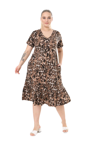 Melsay Butik Göğüsten Robalı V Yaka Kısa Kollu Leopar Desen Cepli Elbise