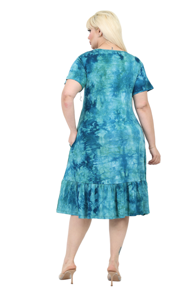 Melsay Butik Göğüsten Robalı V Yaka Kısa Kollu Turkuaz Batik Yıkama Cepli Elbise